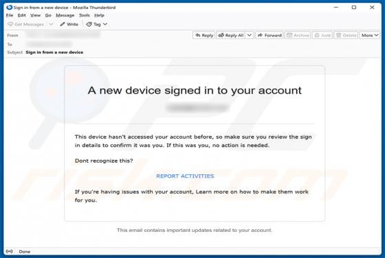 New Device Signed In To Your Account estafa por correo electrónico