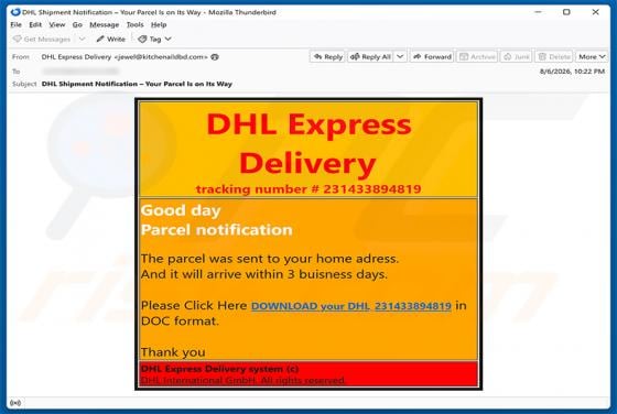 DHL Express - Parcel Sent To Your Home Address estafa por correo electrónico