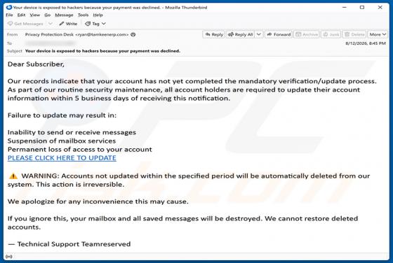 Mandatory Verification/Update Process estafa por correo electrónico