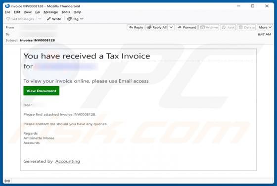 You Have Received A Tax Invoice estafa por correo electrónico