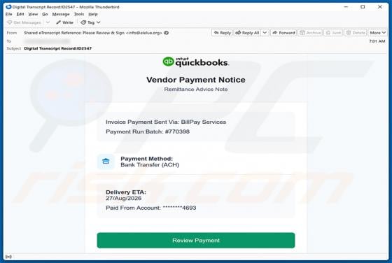 Intuit QuickBooks - Vendor Payment Notice virus por correo electrónico