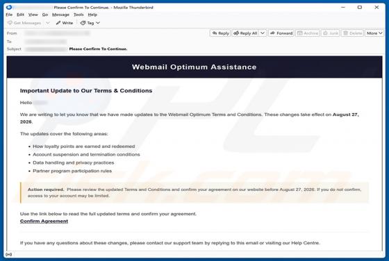 Webmail Optimum Terms and Conditions Update estafa por correo electrónico