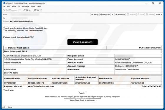 GreenState Credit Union Transfer Received estafa por correo electrónico