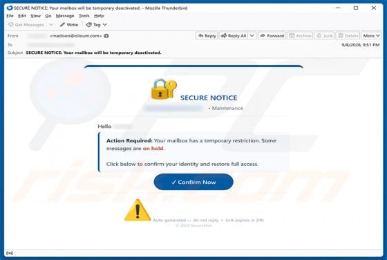 Secure Notice - Mailbox Has A temporary Restriction estafa por correo electrónico
