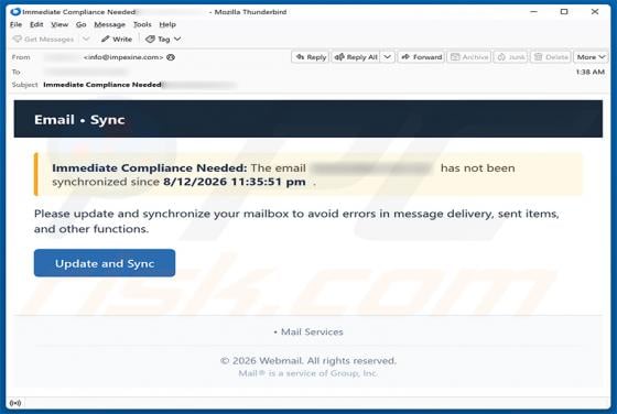Update And Synchronize Your Mailbox estafa por correo electrónico