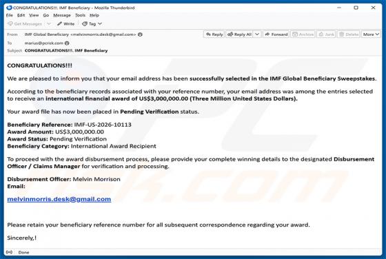 IMF Global Beneficiary Sweepstakes estafa por correo electrónico