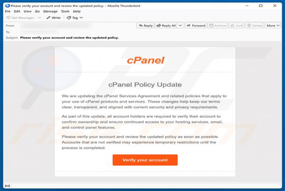 cPanel Policy Update estafa por correo electrónico