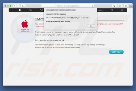 Estafa en pop-up Virus Found Apple Message (Mac)